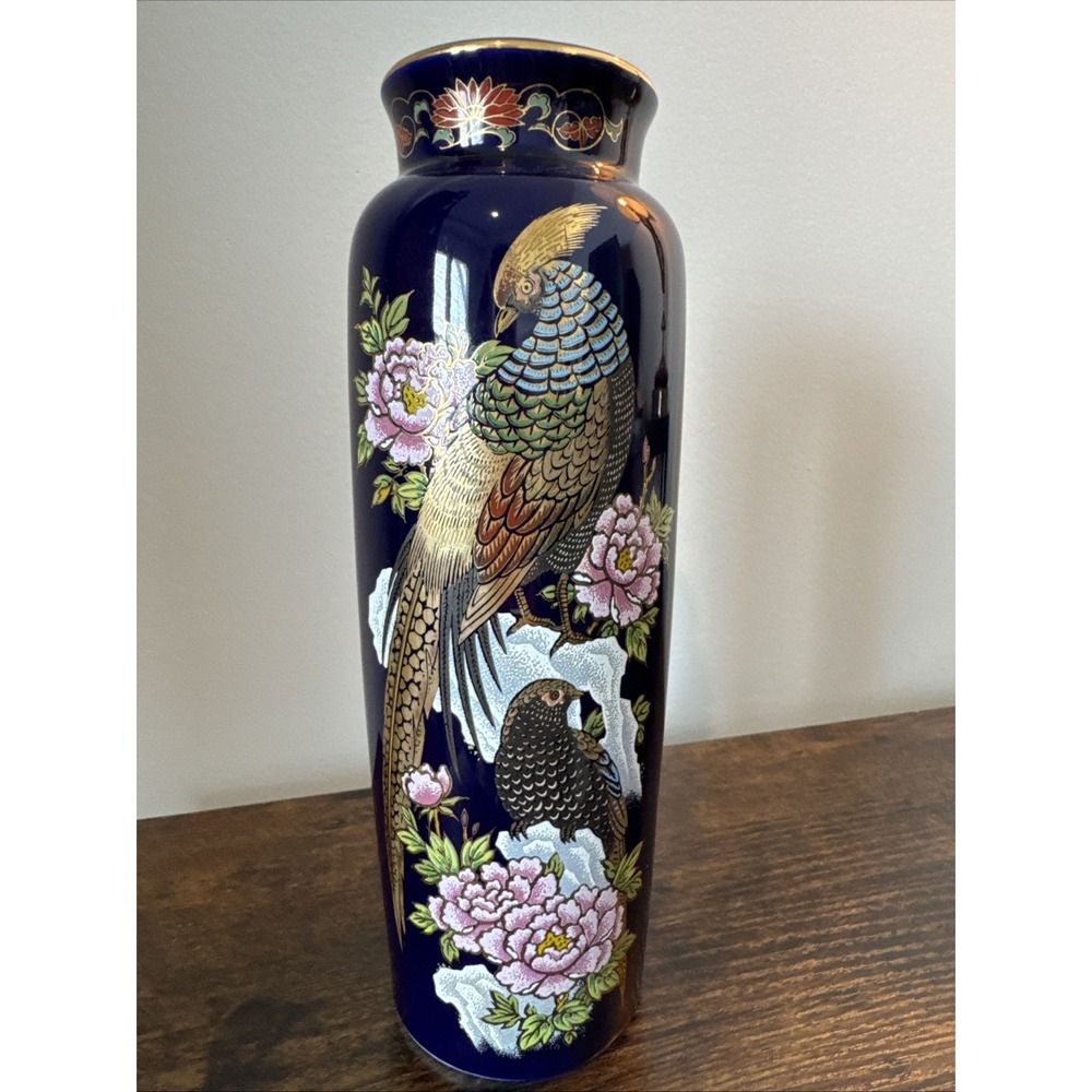 Shaddy Mino‎ China Cobalt Blue Pheasant Peony Vase Japan Vintage Gold Gilt 10in